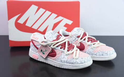 耐克Nike SB Dunk Low 解构抽绳白粉红腰花印花低帮SB休闲滑板鞋纯原版本 货号：DJ9955-100