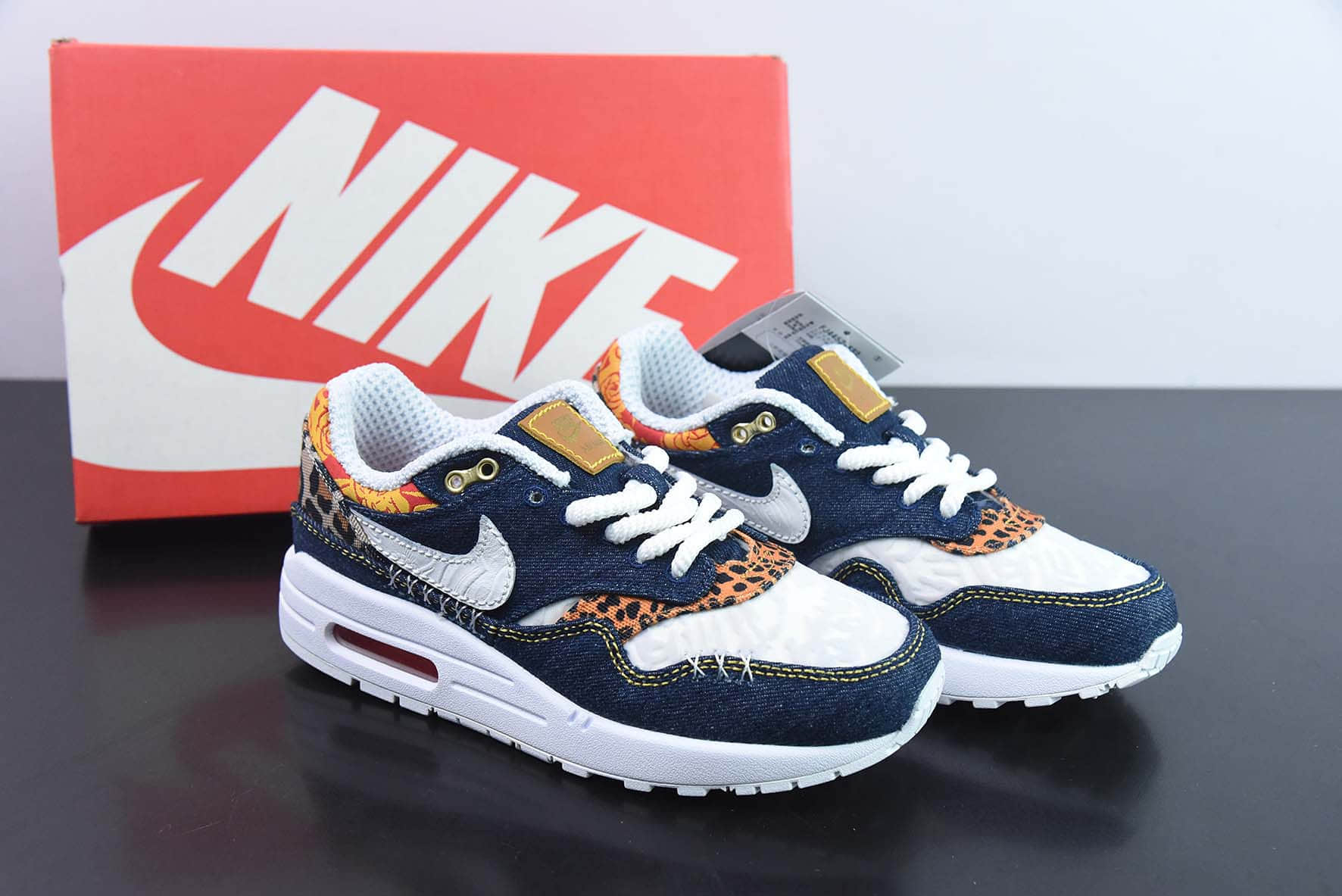 耐克Nike Air Max 1 PremiumDenim Leopard初代水洗深蓝色牛仔布动物复古气垫百搭休闲运动慢跑鞋纯原版本 货号：FJ4452-432