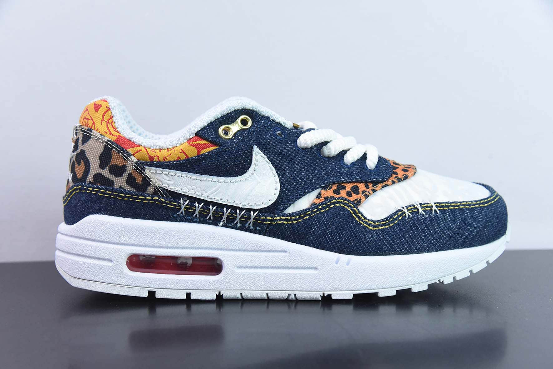 耐克Nike Air Max 1 PremiumDenim Leopard初代水洗深蓝色牛仔布动物复古气垫百搭休闲运动慢跑鞋纯原版本 货号：FJ4452-432