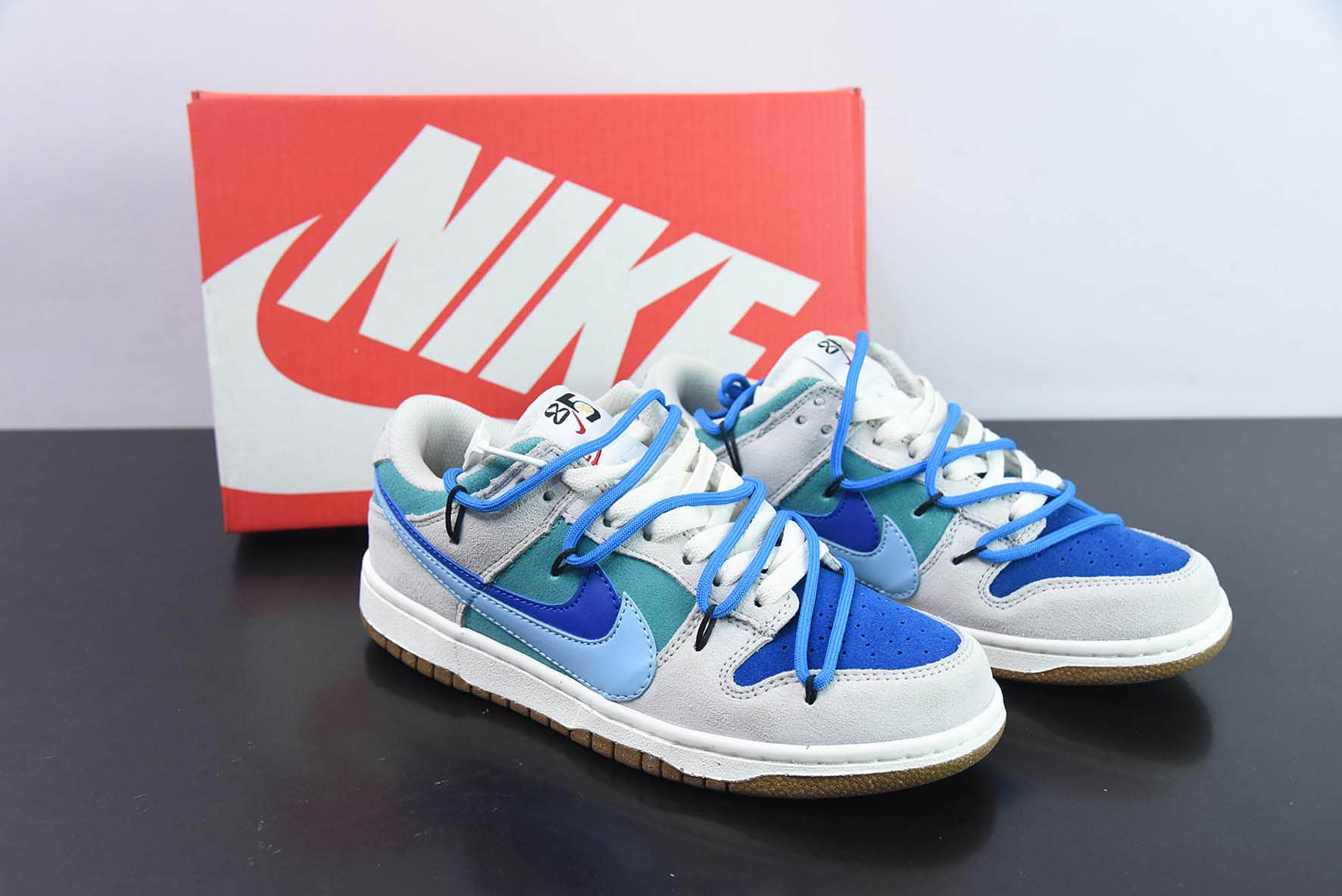 耐克Nike Dunk Low SB 灰蓝双钩绑带定制版低帮滑板鞋纯原版本 货号：DD9457-100