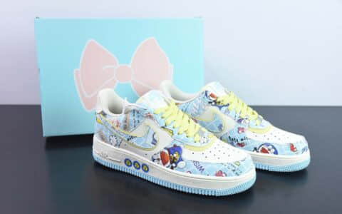 耐克Nike Air Force 1’07 LowDoraemo米白浅蓝黄哆啦A梦叮当猫空军一号低帮休闲板鞋纯原版本 货号：FB0607-055