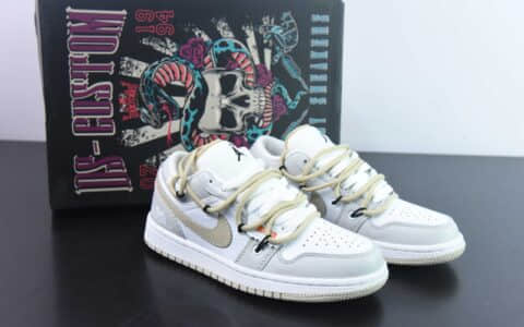 乔丹Air Jordan 1 Low AJ1灰白卡其鳄鱼绑绳低帮复古文化篮球鞋纯原版本 货号：FB7168-121