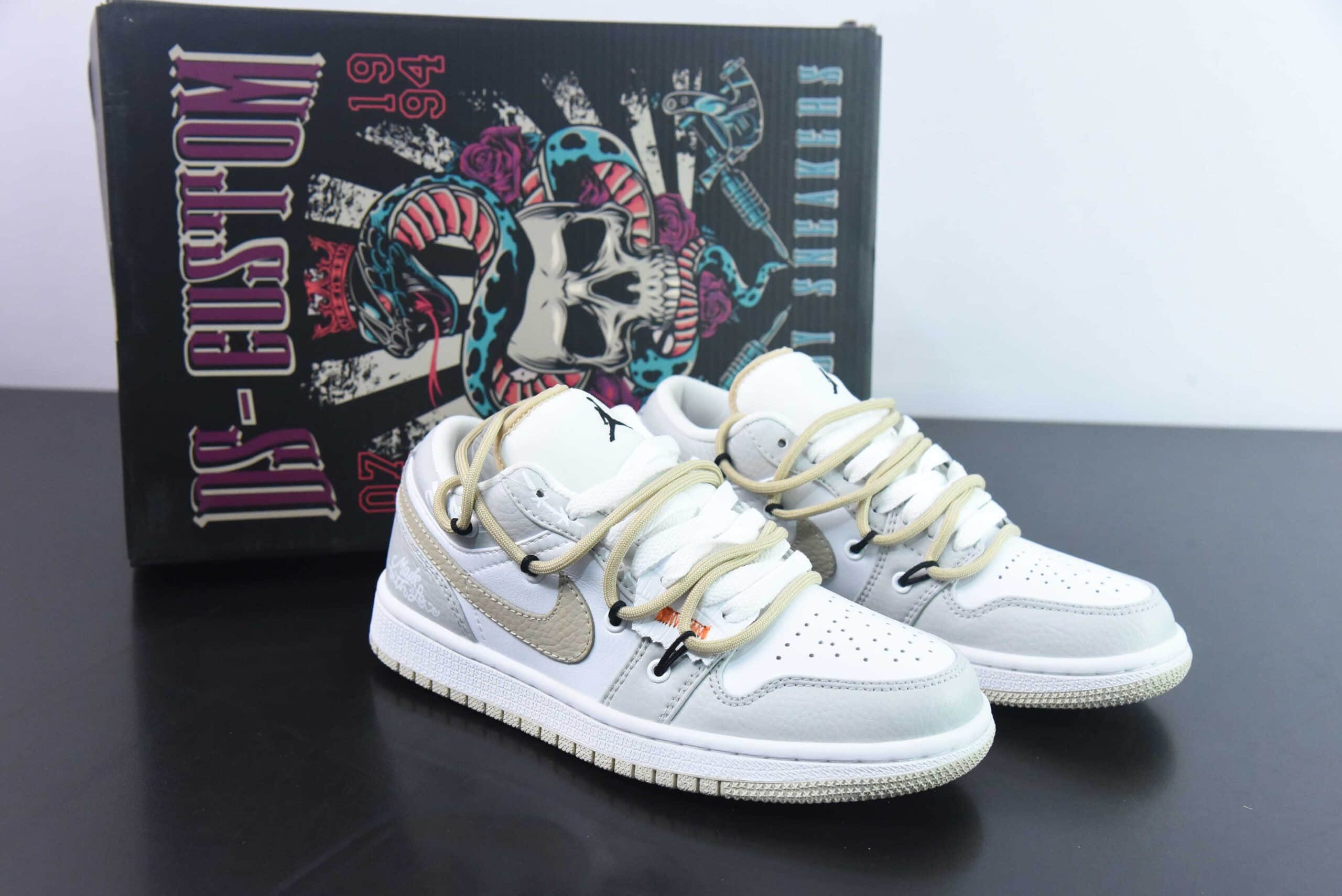 乔丹Air Jordan 1 Low AJ1灰白卡其鳄鱼绑绳低帮复古文化篮球鞋纯原版本 货号：FB7168-121