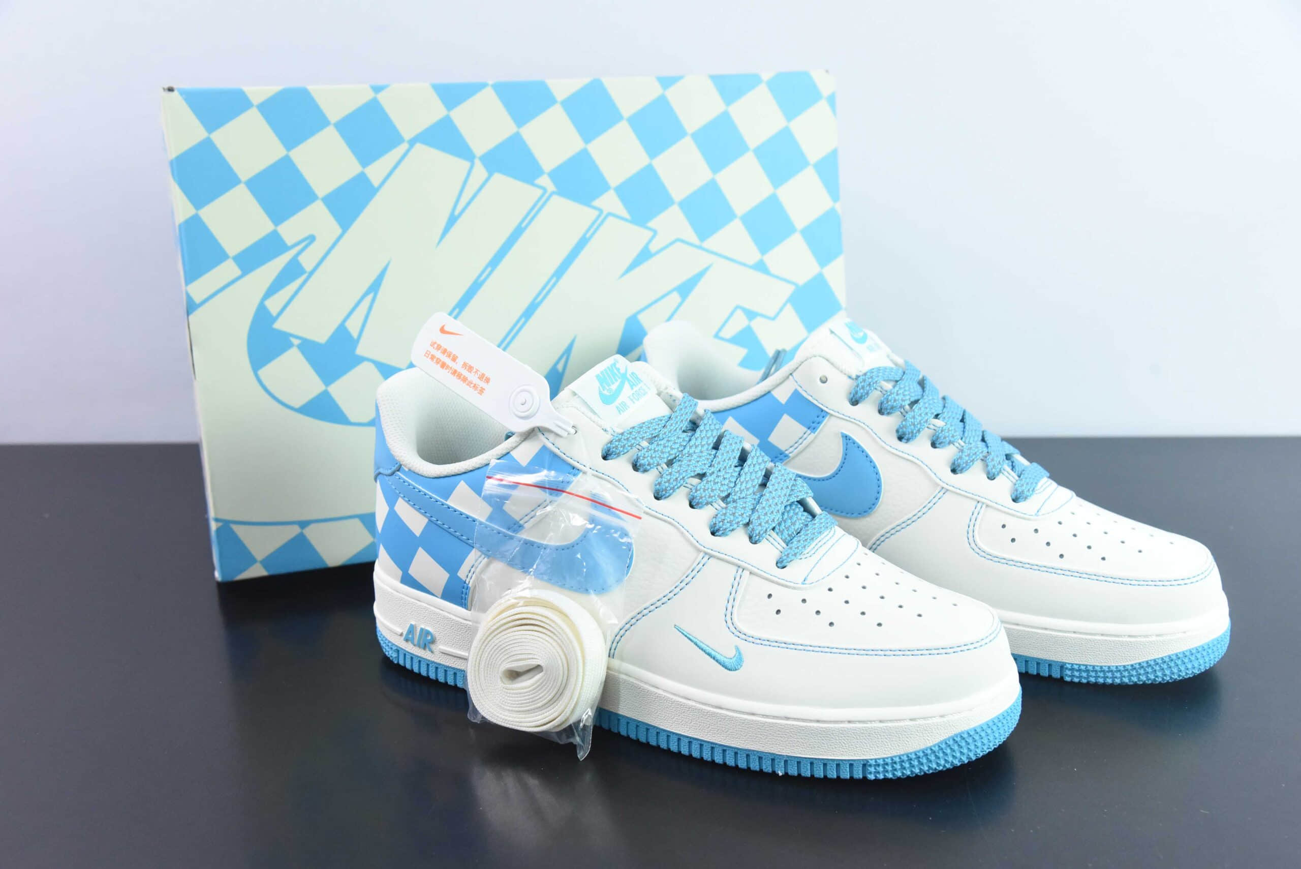 耐克Nike Air Force 1 AF1白蓝格子刺绣空军一号低帮休闲板鞋纯原版本 货号：GZ5688-022