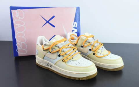 耐克Nike Air Force 1 Low 07 x KAWS 浅蓝沙黄绑带空军一号低帮休闲板鞋纯原版本 货号：KS6869-111