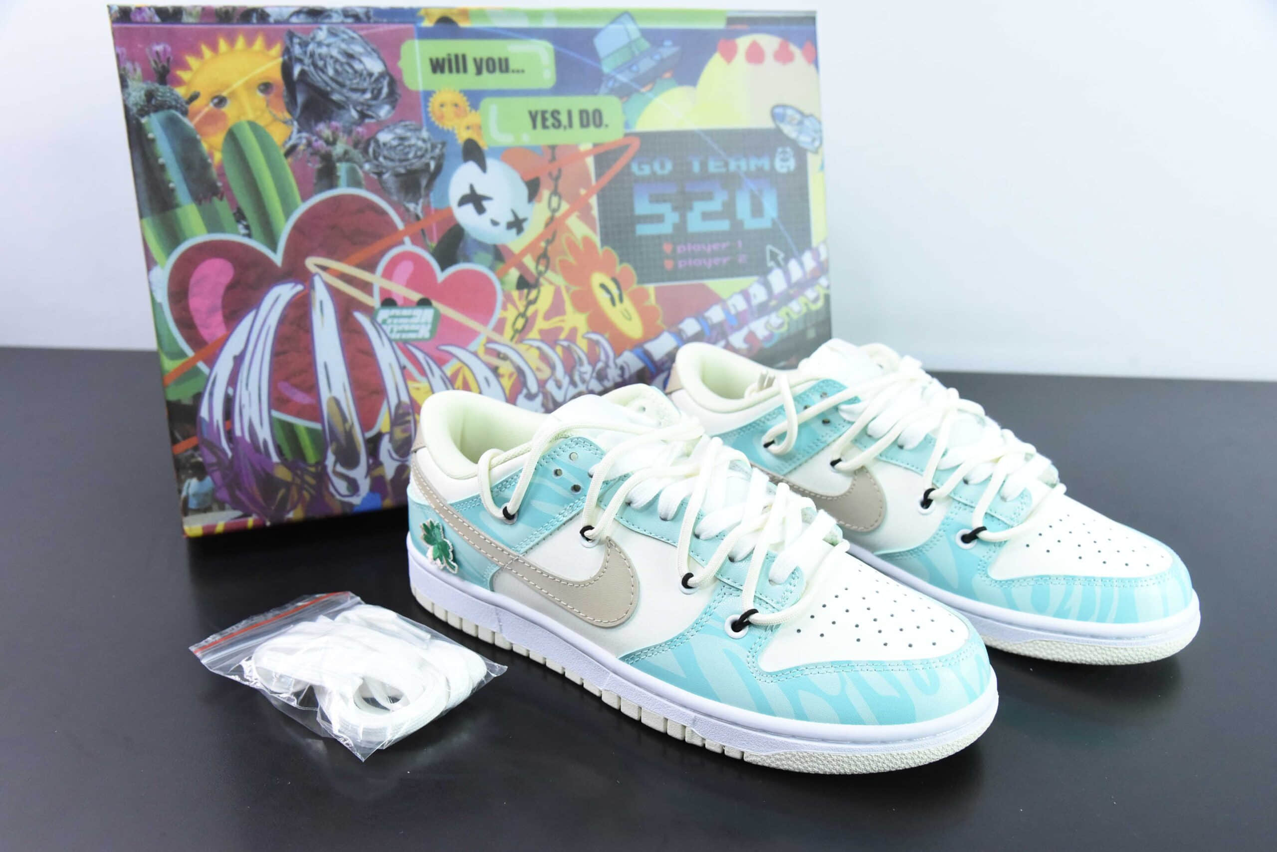 耐克Nike Dunk Low Retro 熊猫恶作剧蒂芙尼绿四叶草SB绑带低帮休闲板鞋纯原版本 货号：DJ6188-100