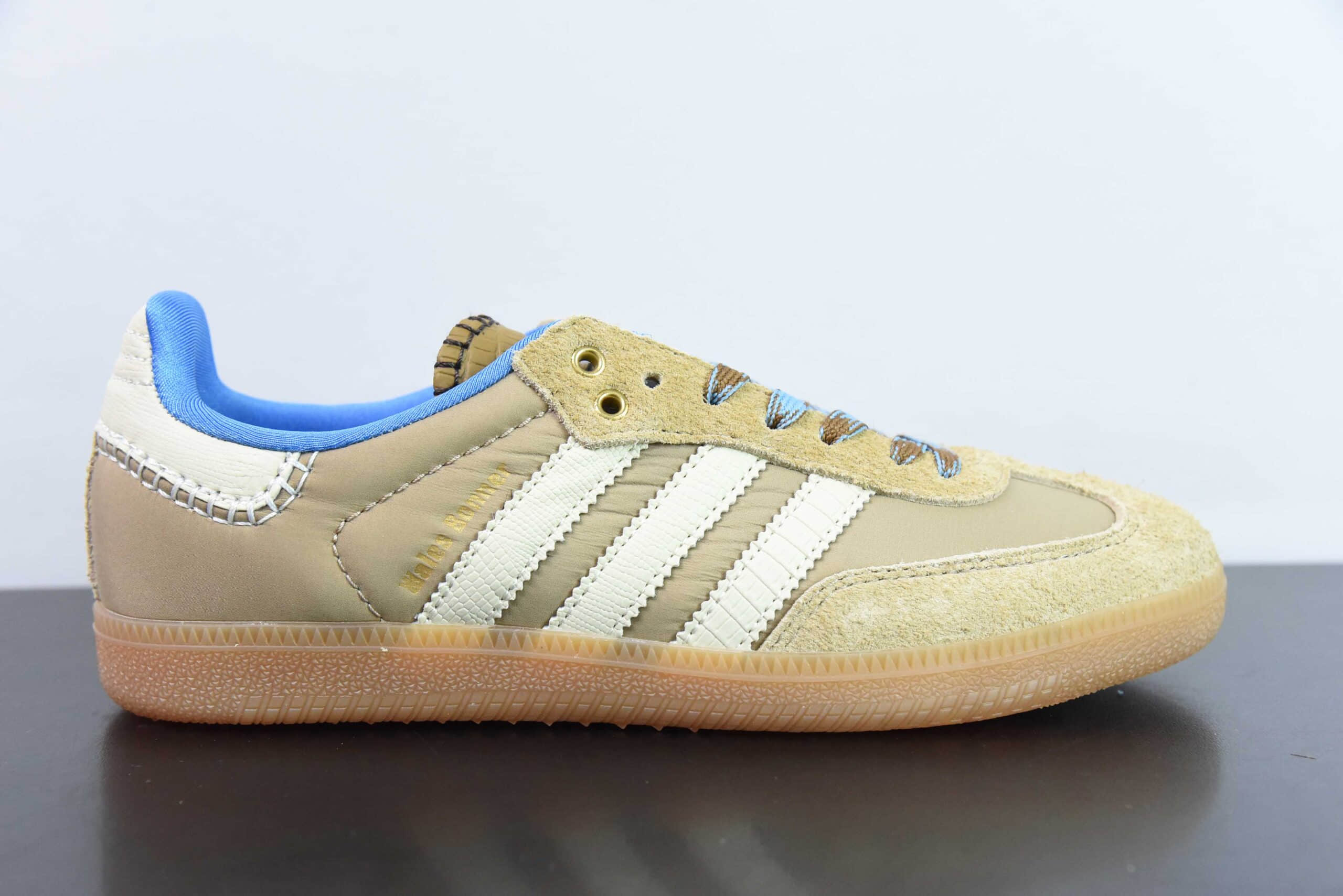 阿迪达斯Adidas Originals GAZELLE INDOOR x Wales Bonner 联名奶茶黄奶白蓝生胶底复古低帮休闲运动慢跑鞋纯原版本 货号：IH3261