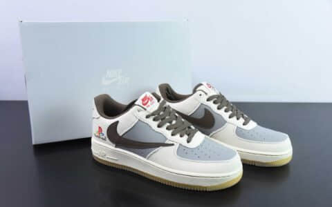 耐克Nike Travis Scott x Playstation x Nk Air Force 1'07 Low三方联名白蓝棕索尼倒钩反勾空军一号低帮板鞋纯原版本 货号：BQ5826-208