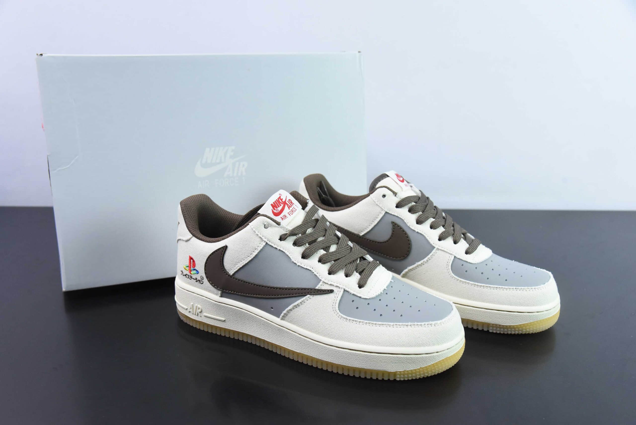 耐克Nike Travis Scott x Playstation x Nk Air Force 1'07 Low三方联名白蓝棕索尼倒钩反勾空军一号低帮板鞋纯原版本 货号：BQ5826-208