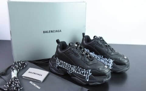 巴黎世家Balenciaga Triple S “白黑鸳鸯涂鸦LOGO低帮时装复古姥爷风厚底增高百搭休闲运动鞋纯原版本 货号：524039 W2FAY 9016