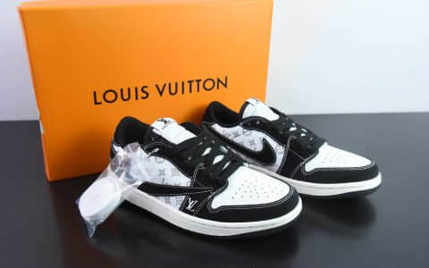 乔丹Travis Scott x Nike Air Jordan 1 Low x Louis Vuitton 三方联名反转翻毛白黑倒钩低帮休闲板鞋纯原版本 货号：LX1988-200