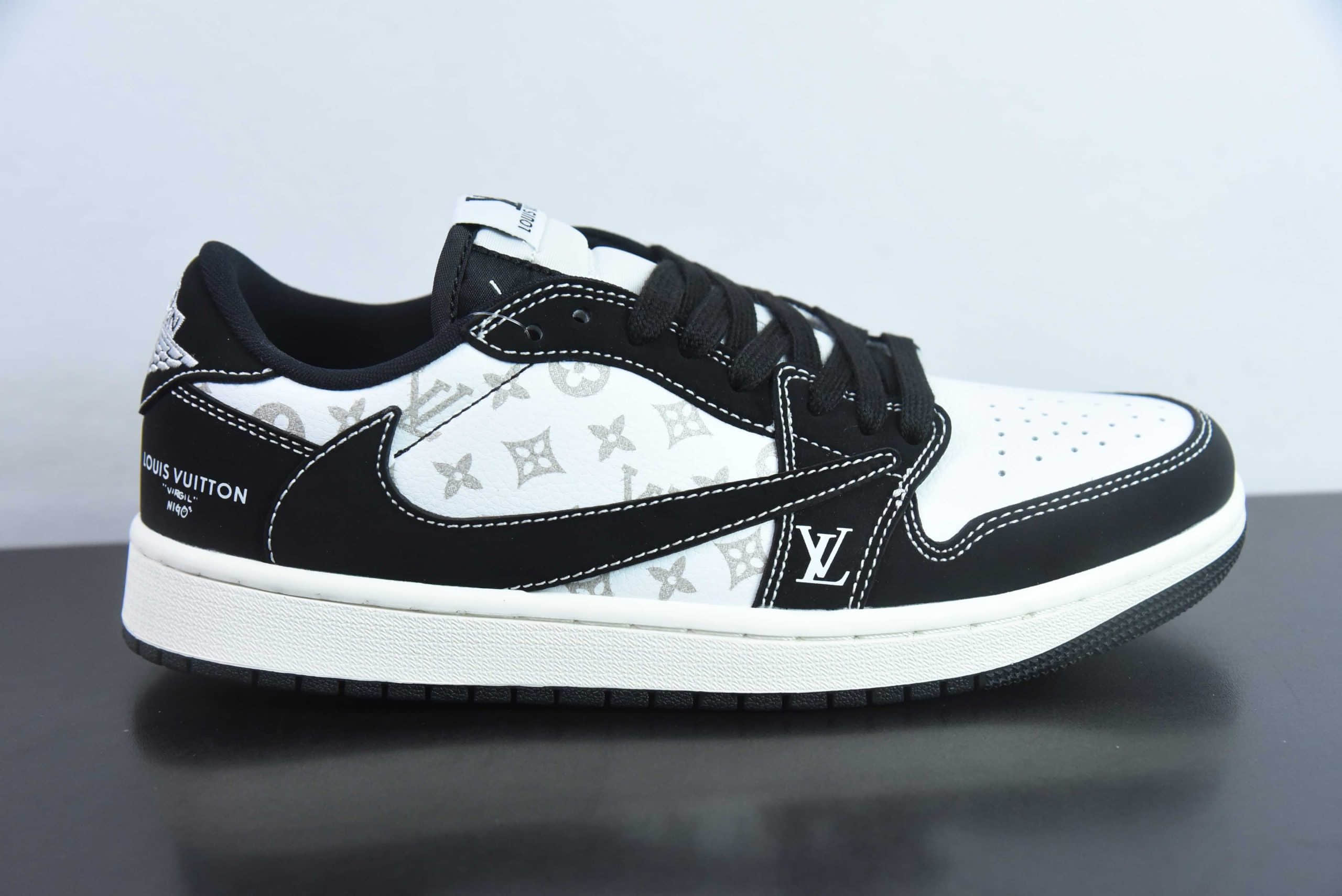 乔丹Travis Scott x Nike Air Jordan 1 Low x Louis Vuitton 三方联名反转翻毛白黑倒钩低帮休闲板鞋纯原版本 货号：LX1988-200