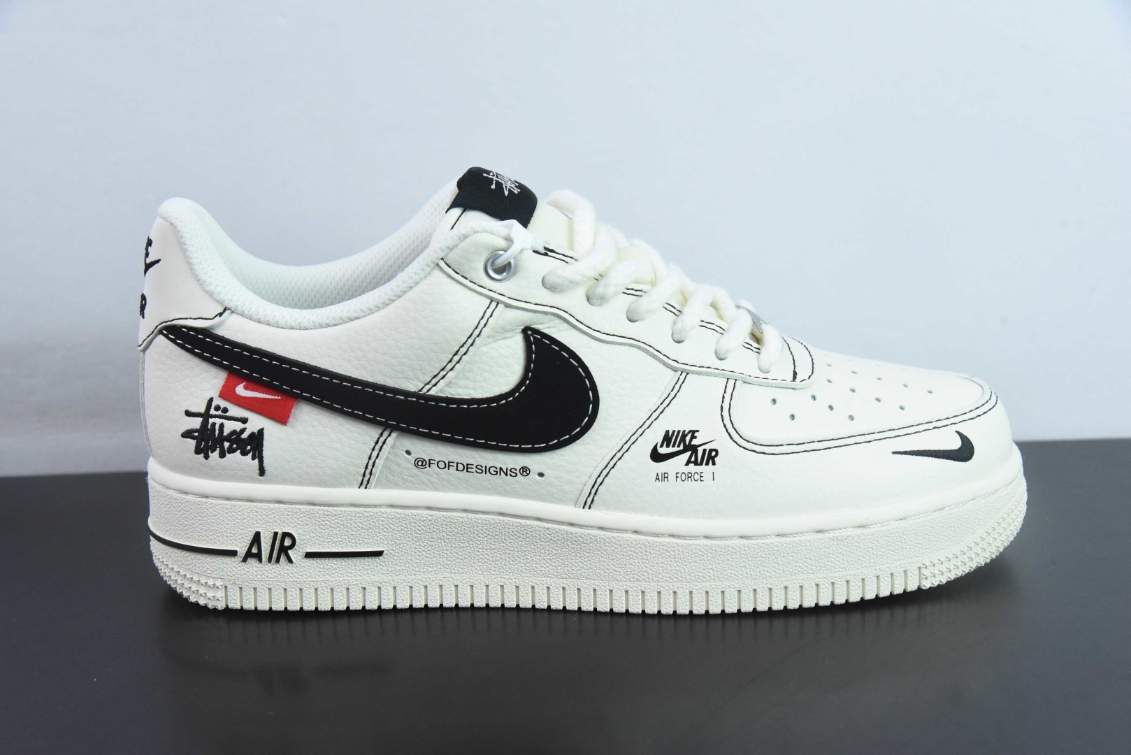 耐克Nike Air Force 1 AF1斯图西联名白黑红标刺绣定制版空军一号低帮休闲板鞋纯原版本 货号：SJ6698-015