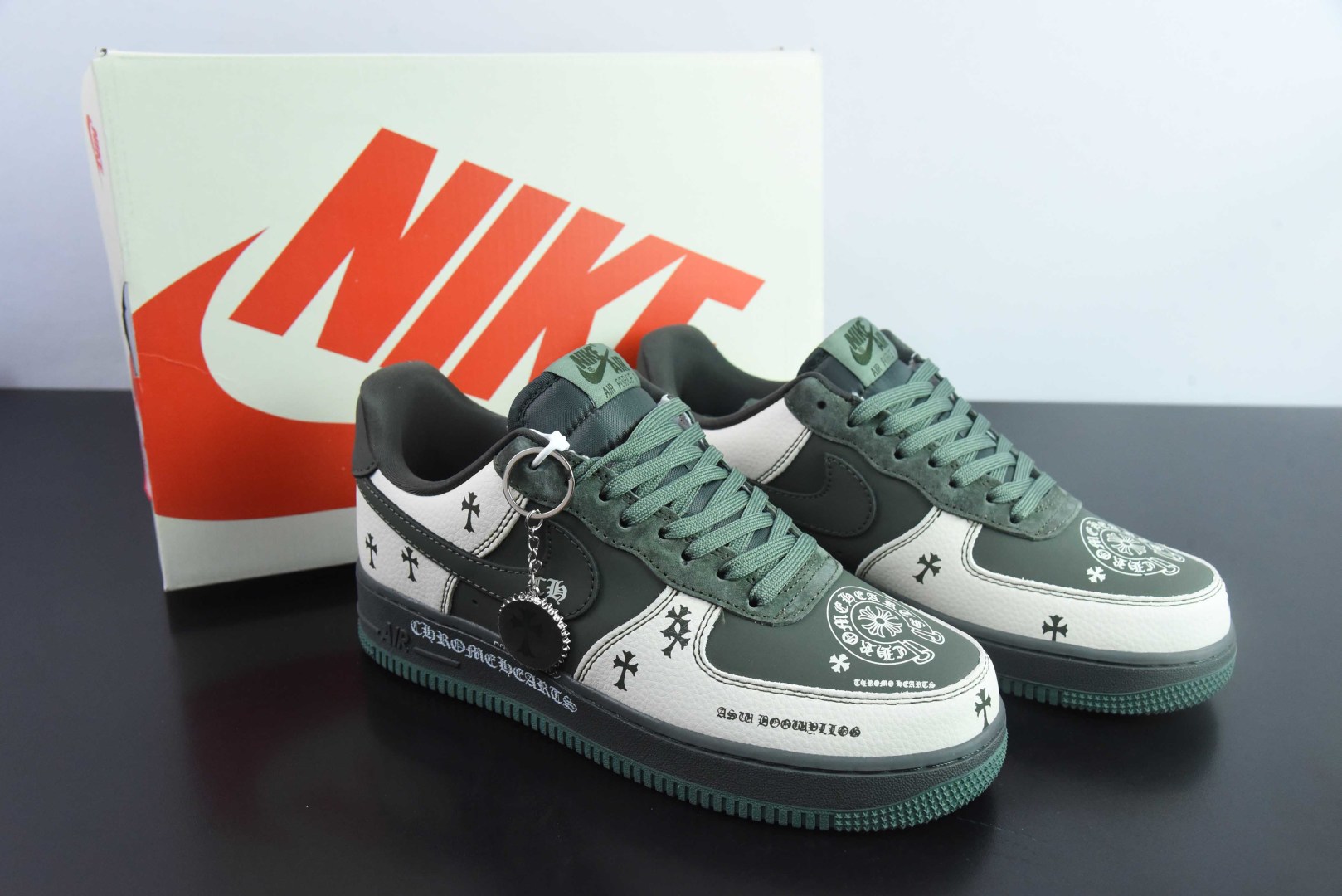 耐克Nike Air Force 1 AF1灰绿克罗心印花定制版空军一号低帮休闲板鞋纯原版本 货号：KK1988-029