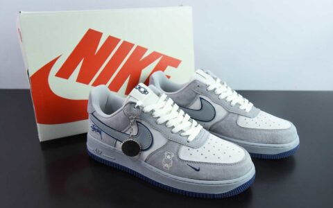 耐克Nike Air Force 1 AF1麂皮灰暴力熊斯图西印花定制版空军一号低帮休闲板鞋纯原版本 货号：DF0188-017
