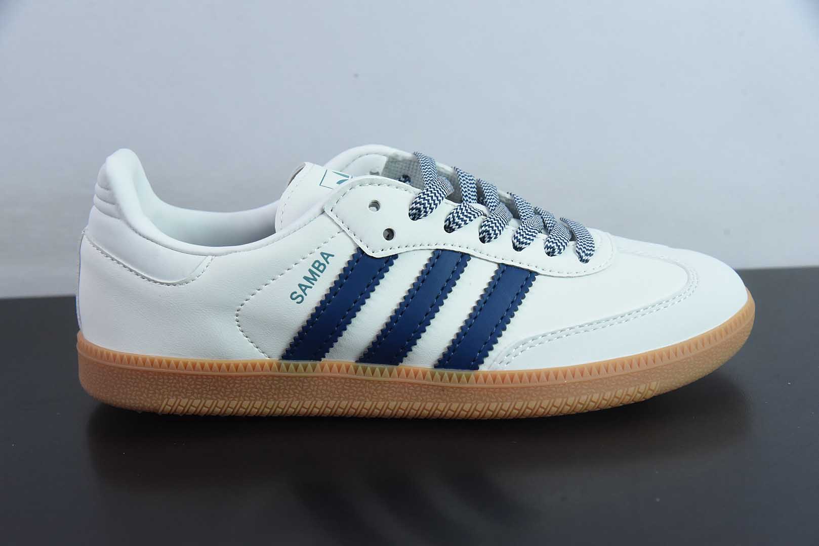 阿迪达斯Adidas Originals Samba桑巴舞系列白深蓝百搭低帮休闲运动板鞋纯原版本 货号：JI3907