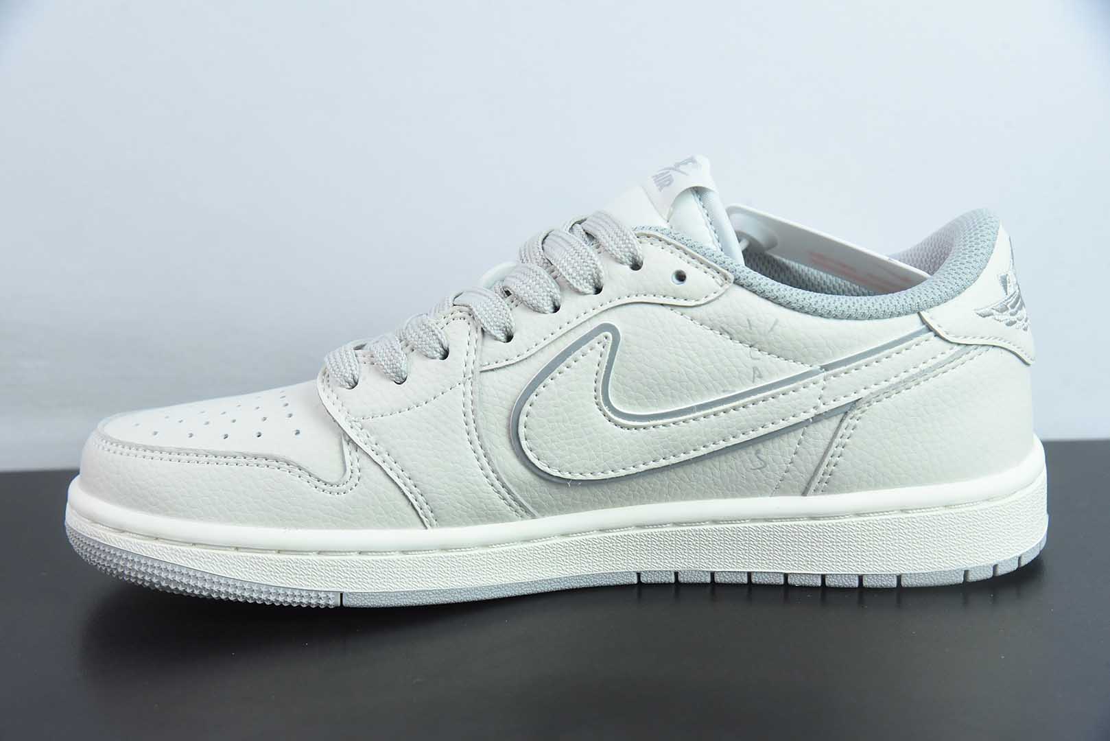 乔丹Travis Scott x Fragment Design x Air Jordan 1 Low OG SP AJ1联名款米白倒钩低帮文化休闲板鞋纯原版本 货号：DF1845 - 532