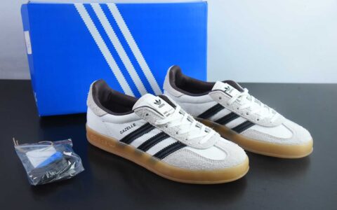 阿迪达斯 Adidas Originals Gazelle Indoor 三叶草米白黑生胶底休闲防滑耐磨低帮板鞋纯原版本 货号：IH9985
