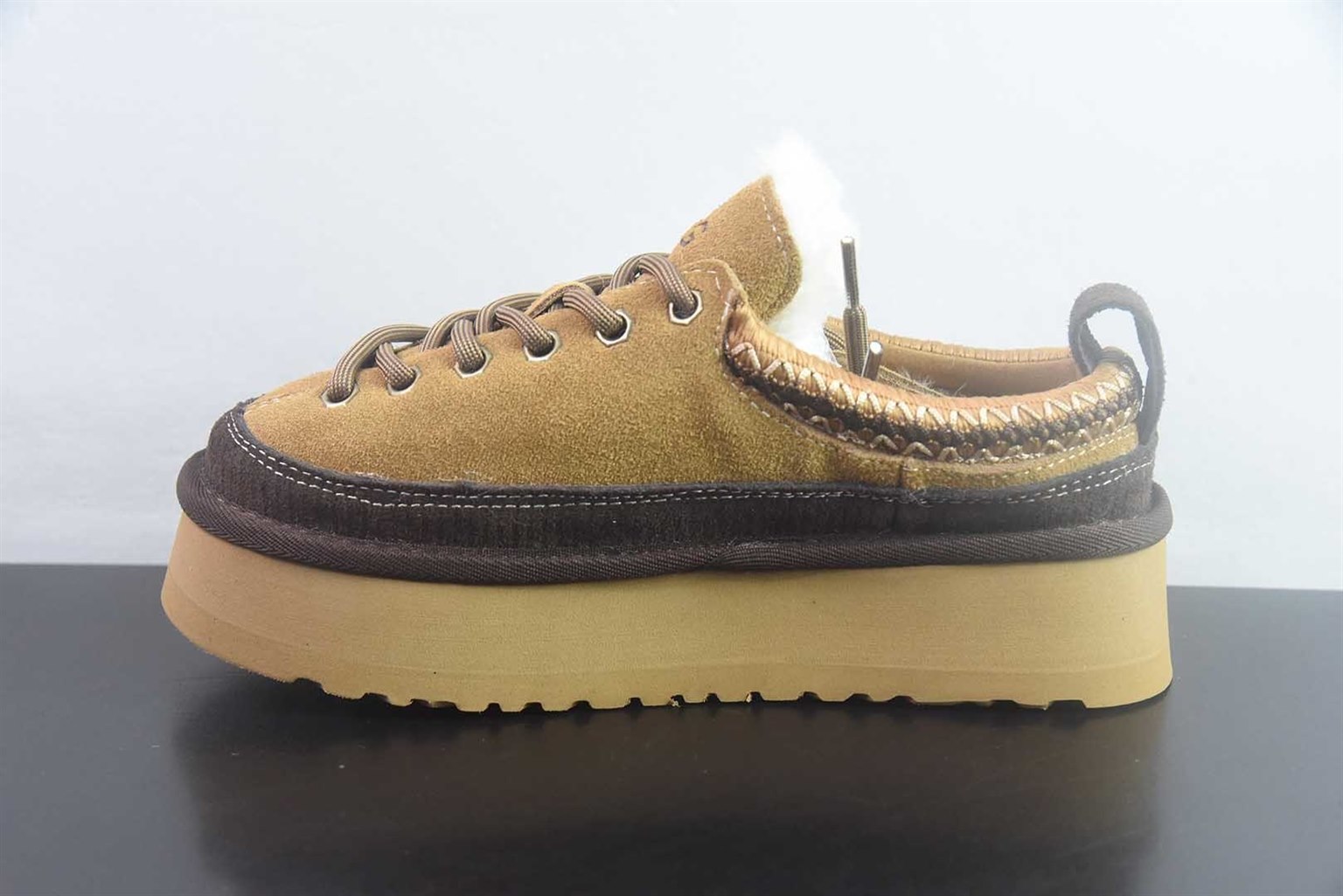UGG W Heritage Lace-Up 系带毛毛厚底 栗色拖鞋 纯原版本 货号:1180361-SNDC 实拍细节图